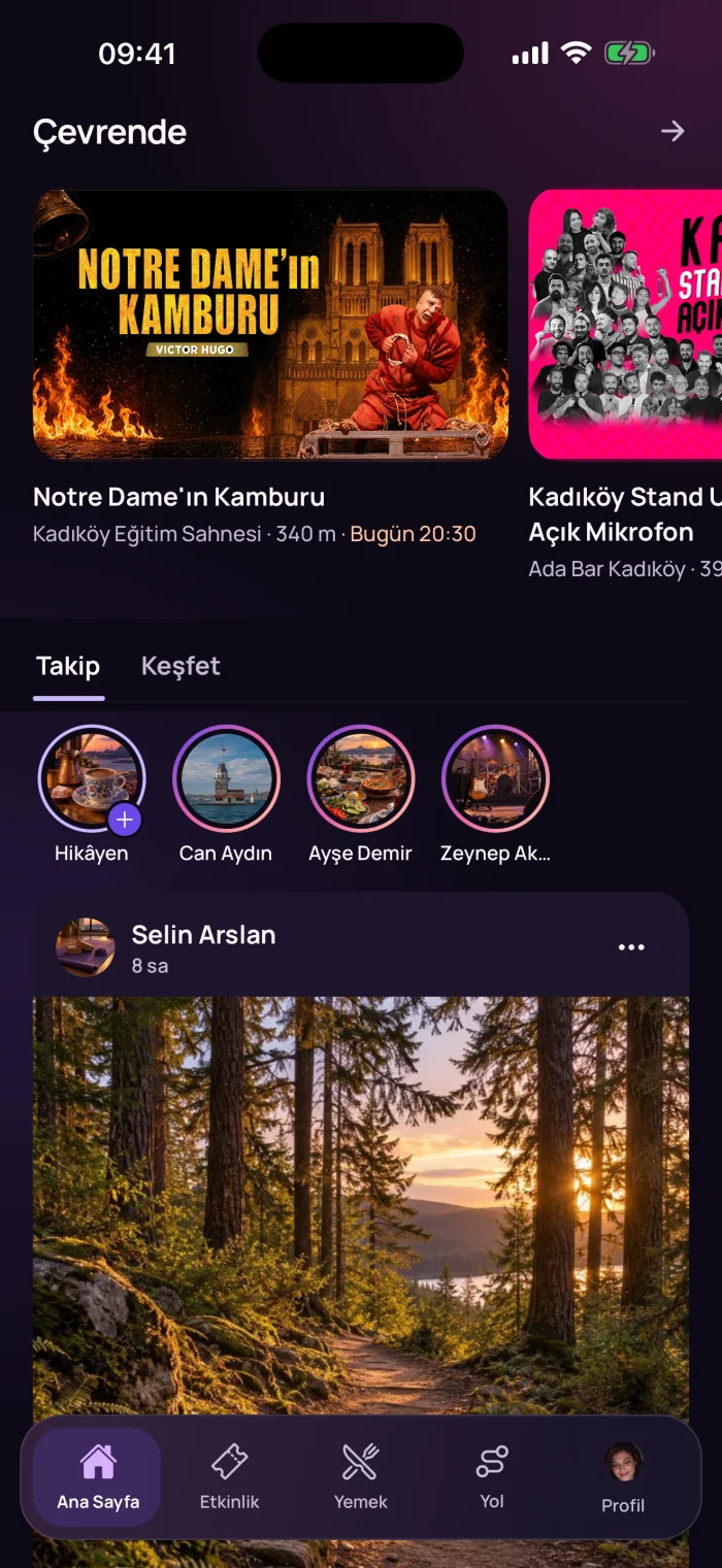 Çevrende: civardaki etkinlik kartları ve takip edilenlerin paylaşımları