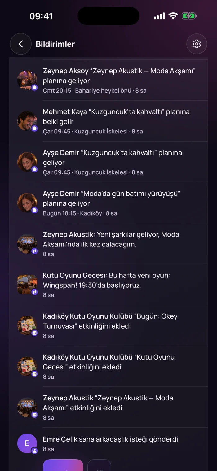 Bildirimler: planlara gelenler, yeni etkinlikler, arkadaşlık isteği