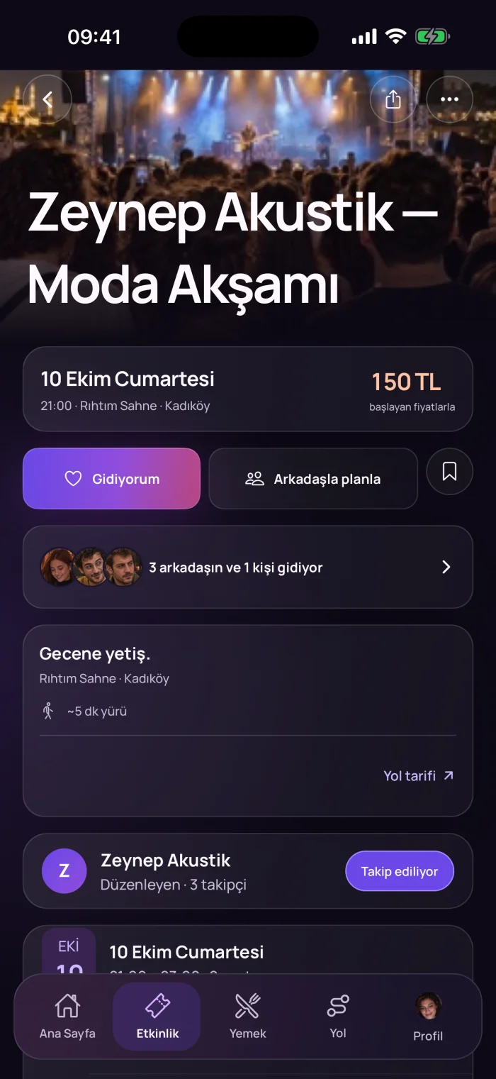 Etkinlik detayı: 3 arkadaşın ve 1 kişi gidiyor, Gidiyorum ve Arkadaşla planla