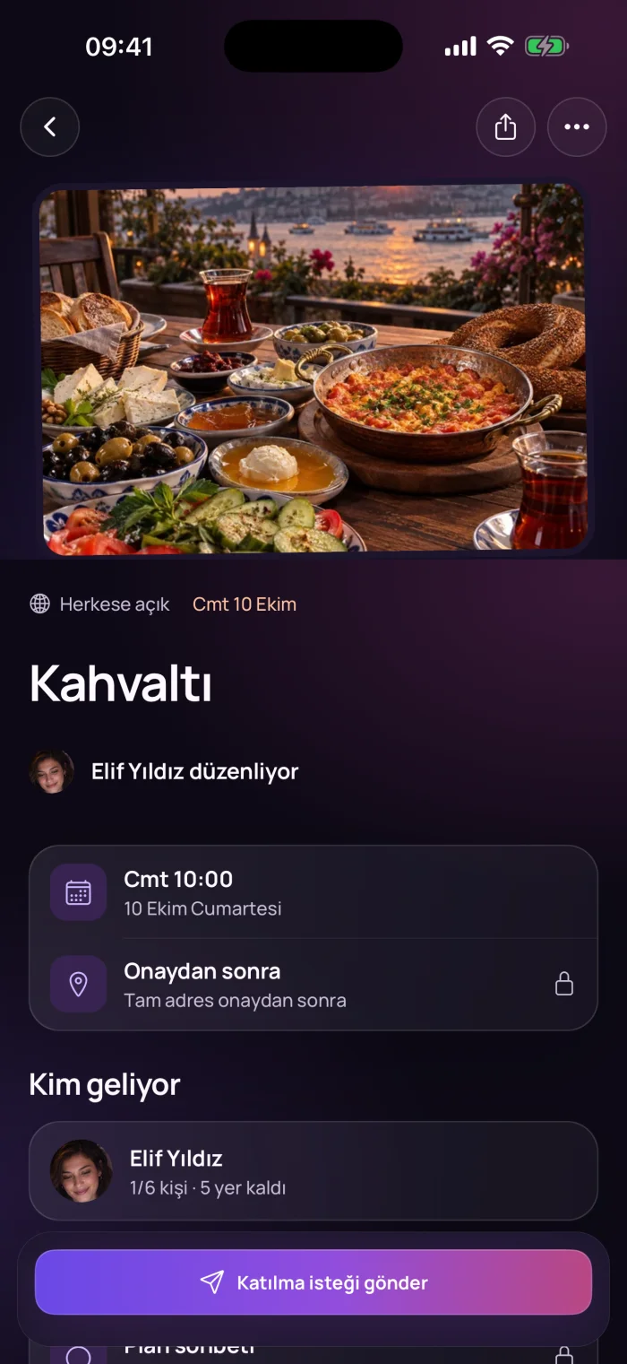 Herkese açık Kahvaltı planı ve Katılma isteği gönder düğmesi