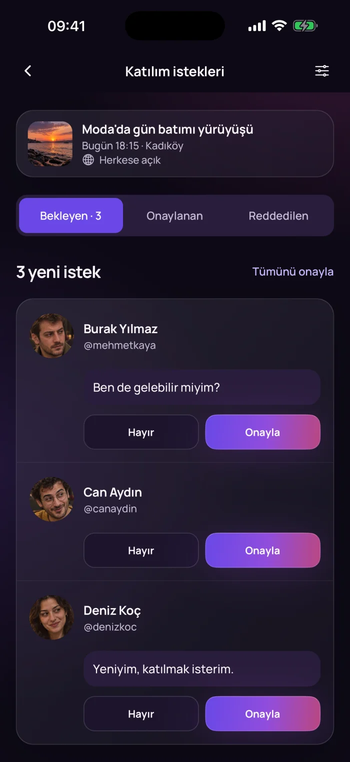 Katılım istekleri: üç kişi, her birinde Hayır ve Onayla