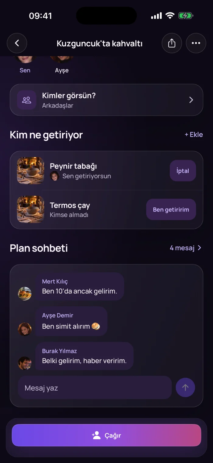 Kim ne getiriyor listesi ve plan sohbeti mesajları