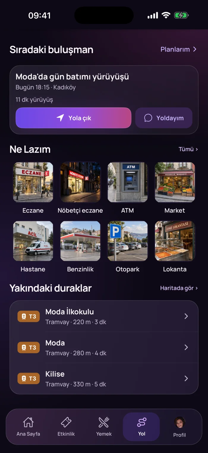 Yol sekmesi: Ne Lazım kutuları ve en yakın duraklar