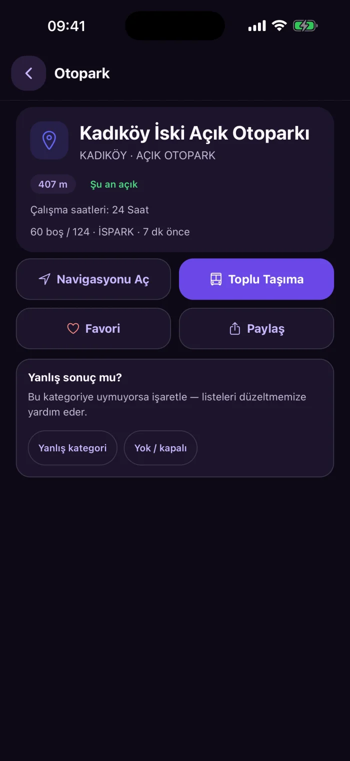 Otopark sayfası: boş yer sayısı, çalışma saati, Navigasyonu Aç ve Toplu Taşıma