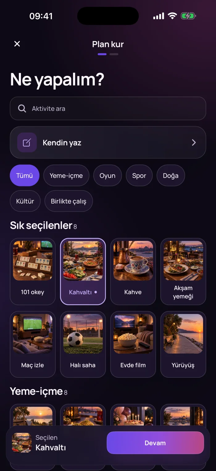 Ne yapalım? ekranı: fotoğraflı aktiviteler, Kahvaltı seçili