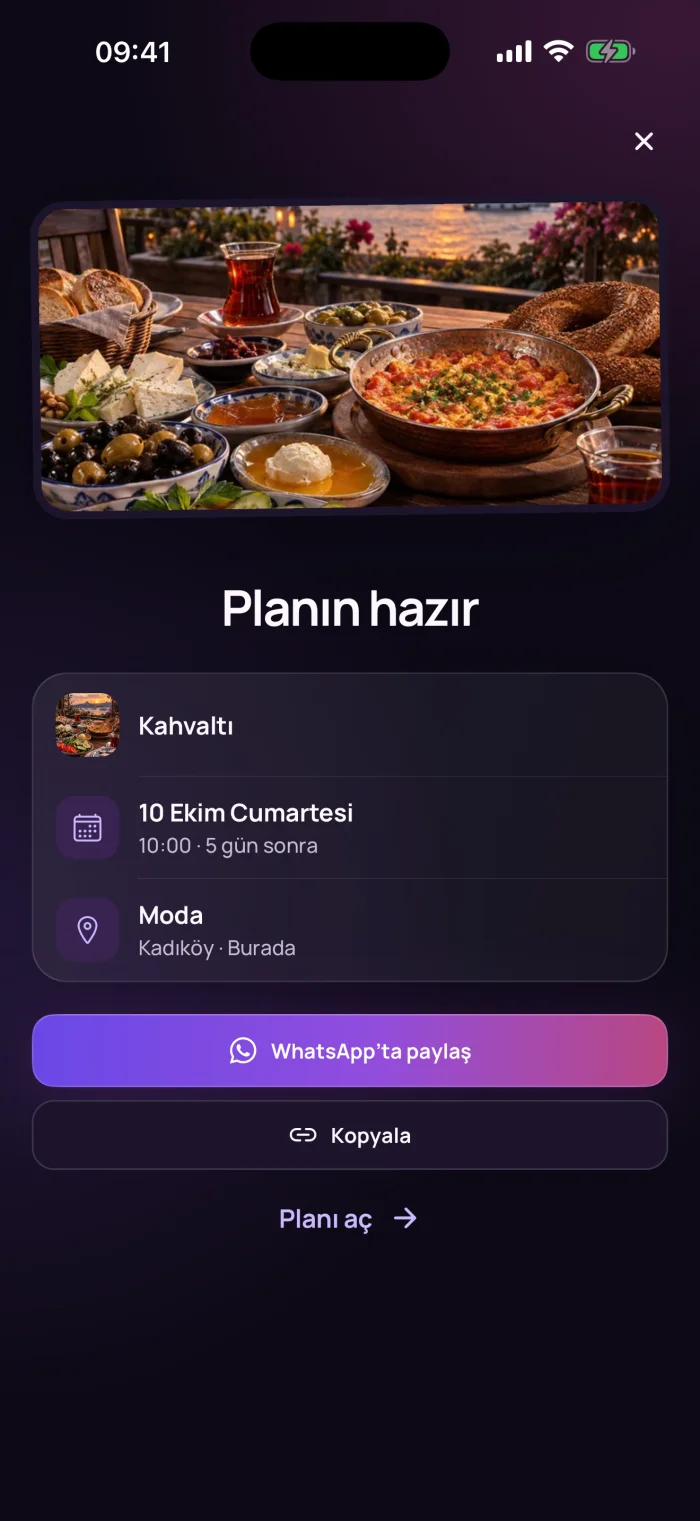Planın hazır: WhatsApp'ta paylaş ve Kopyala düğmeleri