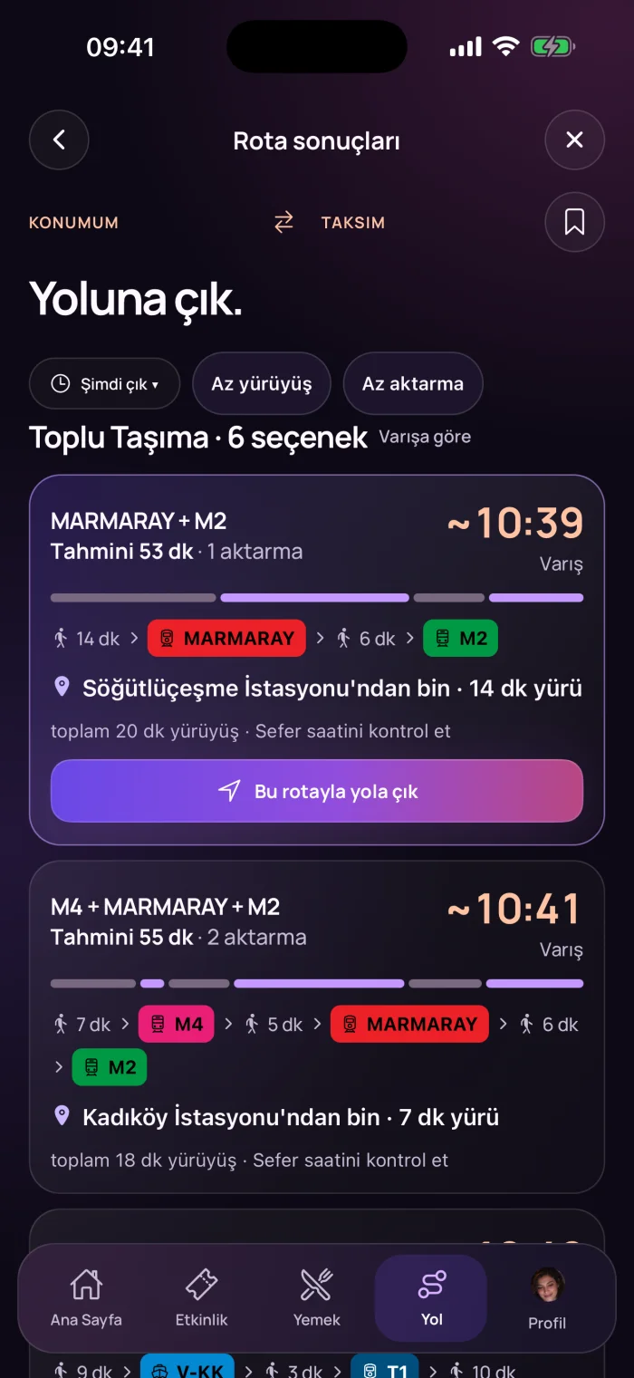 Rota sonuçları: Marmaray ve metro seçenekleri, varış saatleri