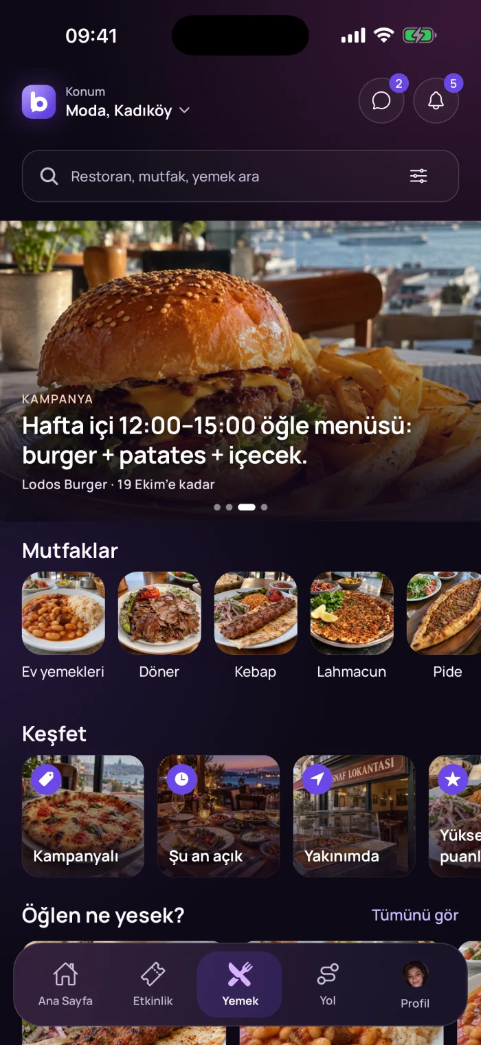 Yemek sekmesi: kampanya, mutfaklar ve keşfet