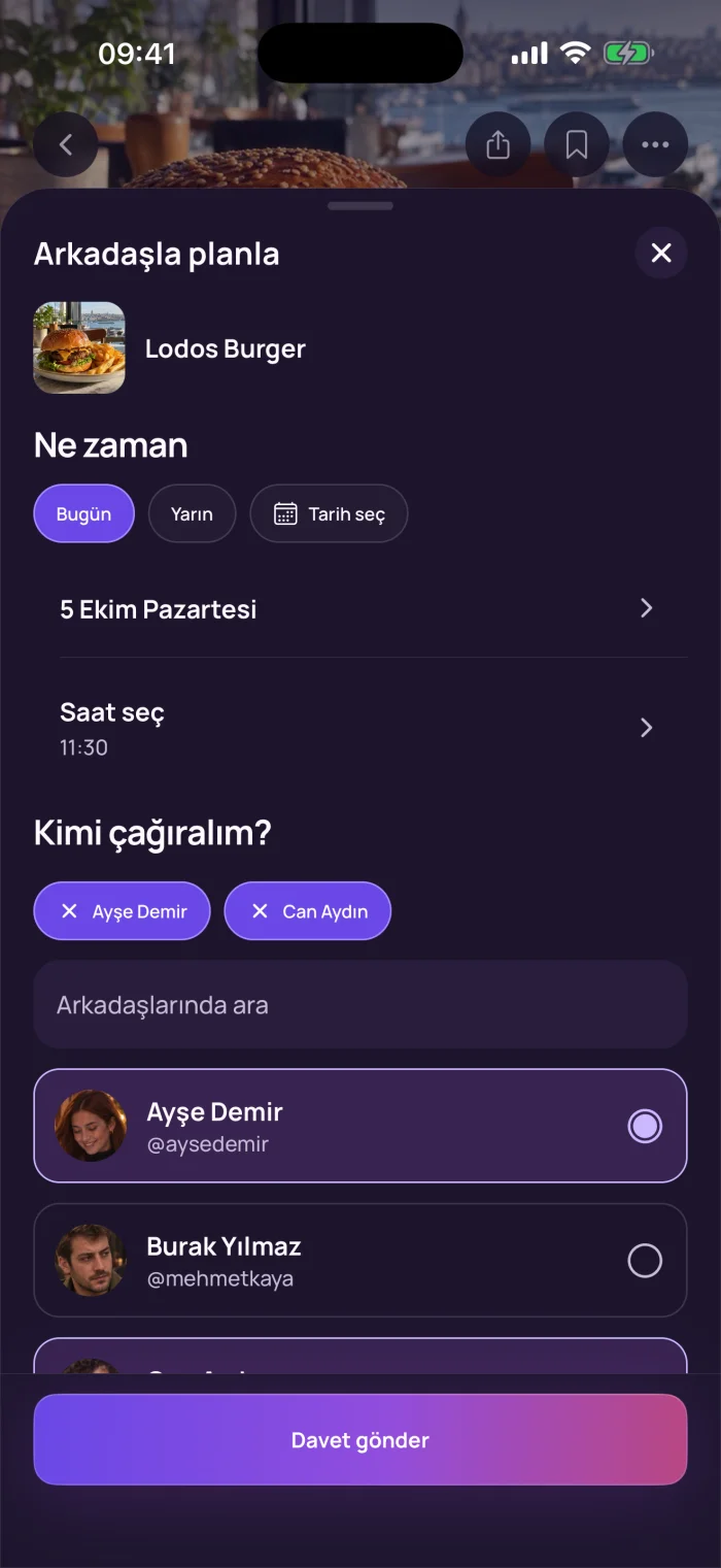 Arkadaşla planla: restoran, gün, saat ve çağrılan arkadaşlar